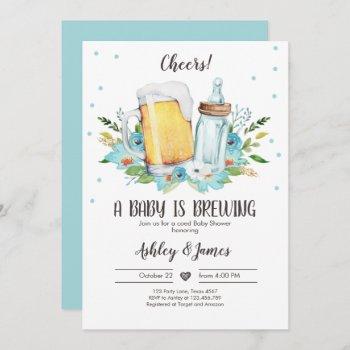 a baby is brewing boy blue cheers coed baby shower invitation