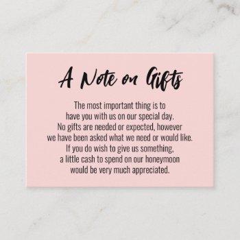 a note on gifts casual handwriting wedding, pink enclosure card