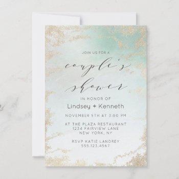 abstract aqua ombre fade with frosted gold glitter invitation