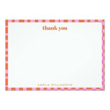 Abstract Checker Pink Orange Custom Bridal Shower Thank You Card Front View