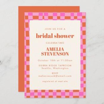 abstract checkered art pink orange bridal shower invitation