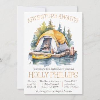 adventure awaits! camping, canoeing, bridal shower invitation