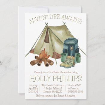 adventure awaits! camping, hiking bridal shower invitation