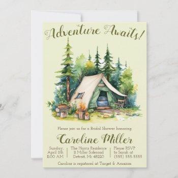 adventure awaits! tent, camping, bridal shower invitation