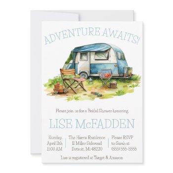 adventure awaits! trailer, camping, bridal shower invitation