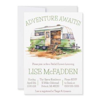 adventure awaits! trailer, camping, bridal shower invitation