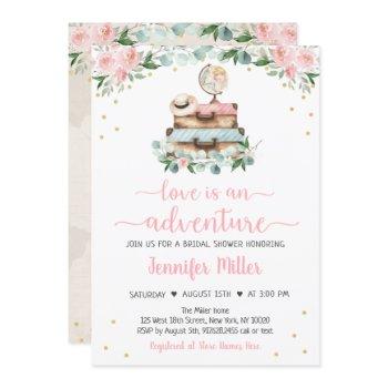 adventure pink gold floral travel bridal shower in invitation
