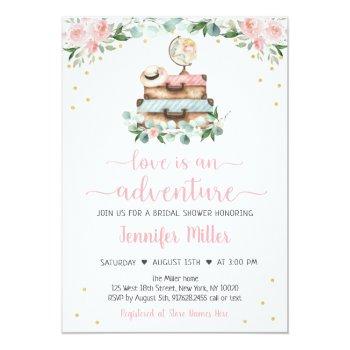 Adventure Pink Gold Floral Travel Bridal Shower In Invitation Front View