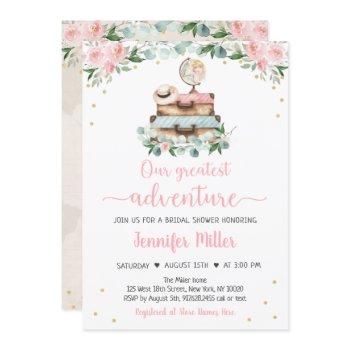 adventure pink gold floral travel bridal shower invitation