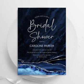 agate navy blue silver bridal shower invitation