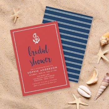 anchor red and blue script bridal shower invitation