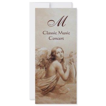 angel playing lyra over the clouds, monogram gold invitation