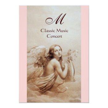 Angel Playing Lyra Over The Clouds, Monogram Gold Invitation Front View
