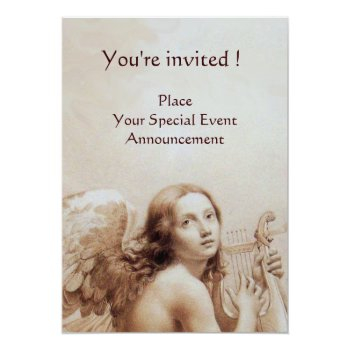 Angel Playing Lyra Over The Clouds,monogram Invitation Front View