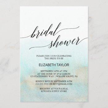 aqua and gold watercolor beach bridal shower invitation
