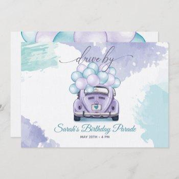 aqua and lilac surprise driveby birthday invitation