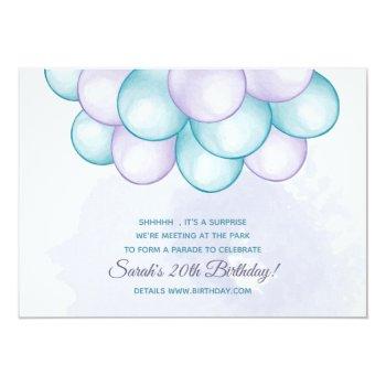 Aqua And Lilac Surprise Driveby Birthday Invitation Front View