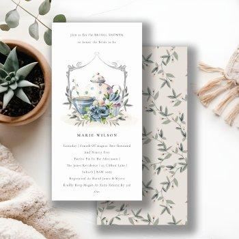 aqua blue floral teapot cup bridal shower invite