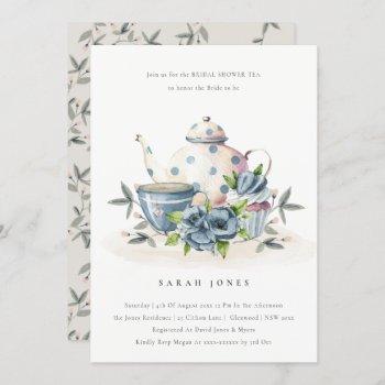 aqua blue floral teapot cup bridal shower invite