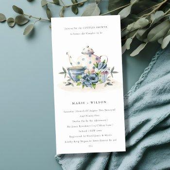aqua blue floral teapot cup couples shower invite