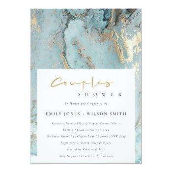 Aqua Dusky Blue Gold Agate Couples Shower Invite Front View