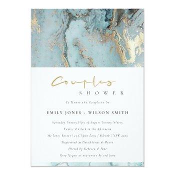 Aqua Dusky Blue Gold Agate Couples Shower Invite Front View