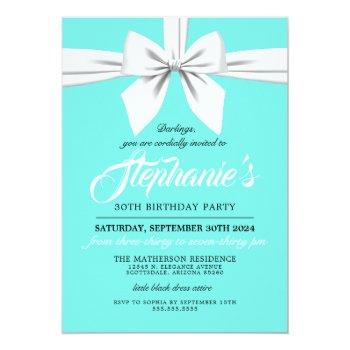 Aqua Elegant Bow White Tiffany Birthday Invitation Front View