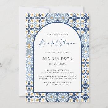 arch amalfi tile mediterranean blue bridal shower  invitation