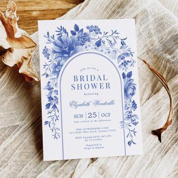 arched blue white floral chinoiserie bridal shower invitation