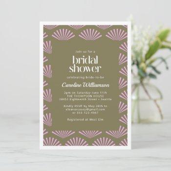 art deco fans in olive and lilac bridal shower invitation