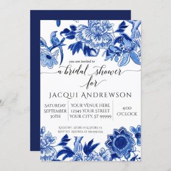 asian influence blue white floral 2 bridal shower invitation