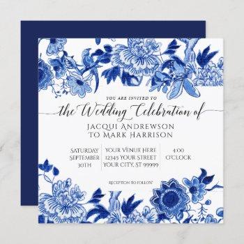 asian influence navy blue and white floral wedding invitation