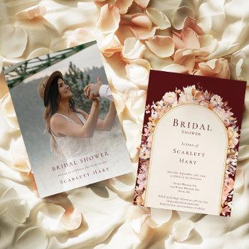 autumn floral burgundy cream photo bridal shower invitation
