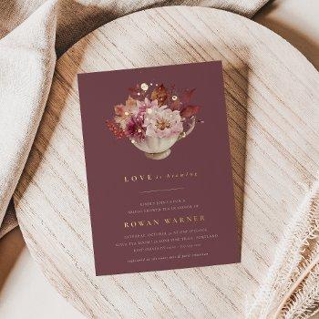 autumn floral teacup fall bridal shower tea foil invitation
