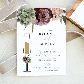 ava burgundy succulent brunch and bubbly champagne invitation