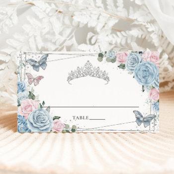 Baby Blue Soft Pink Floral Butterflies Quinceañera Place Card Front View