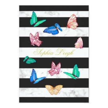 Baby Naming Jewish Black White Stripe Butterfly  Invitation Front View