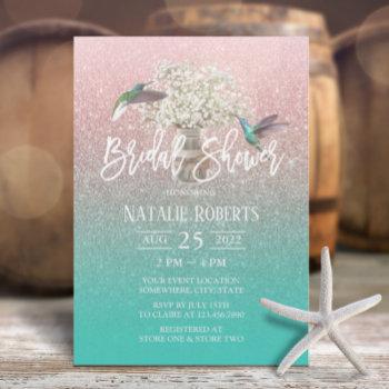 baby's breath hummingbird rose gold bridal shower invitation