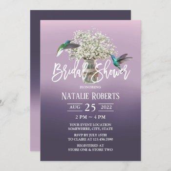 baby's breath & love birds purple bridal shower invitation