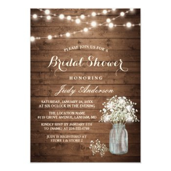 Baby's Breath Mason Jar Rustic Wood Bridal Shower Invitation Front View