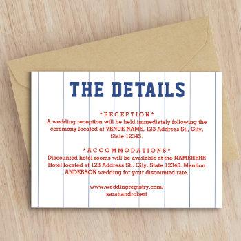 Baseball Pinstripe Wedding Details Enclosure Card Front View