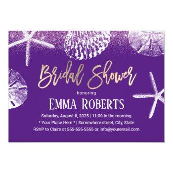 Beach Wedding Bridal Shower Purple Seashells Invitation Front View