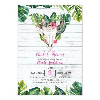 Beachy Wood Boho Skull Tropical Floral Leaves Invitation Front View