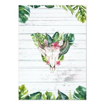 Beachy Wood Boho Skull Tropical Floral Leaves Invitation Front View