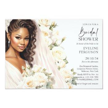 Beautiful African American Bride White Roses Boho Invitation Front View