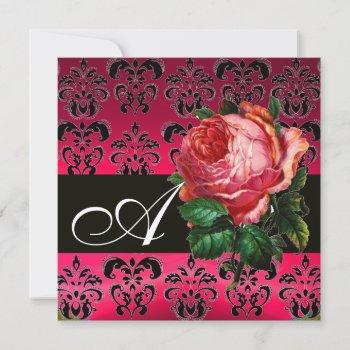 beautiful pink rose fuchsia black damask monogram invitation