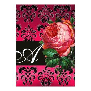 Beautiful Pink Rose Fuchsia Black Damask Monogram Invitation Front View