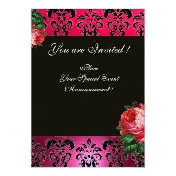 Beautiful Pink Rose Fuchsia Black Damask Monogram Invitation Front View