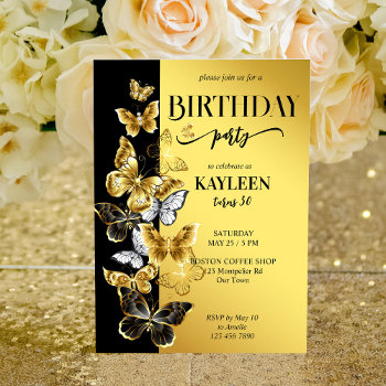 Black And Gold Butterflies Birthday Party Invite Front View