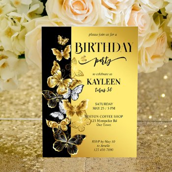 black and gold butterflies birthday party invite